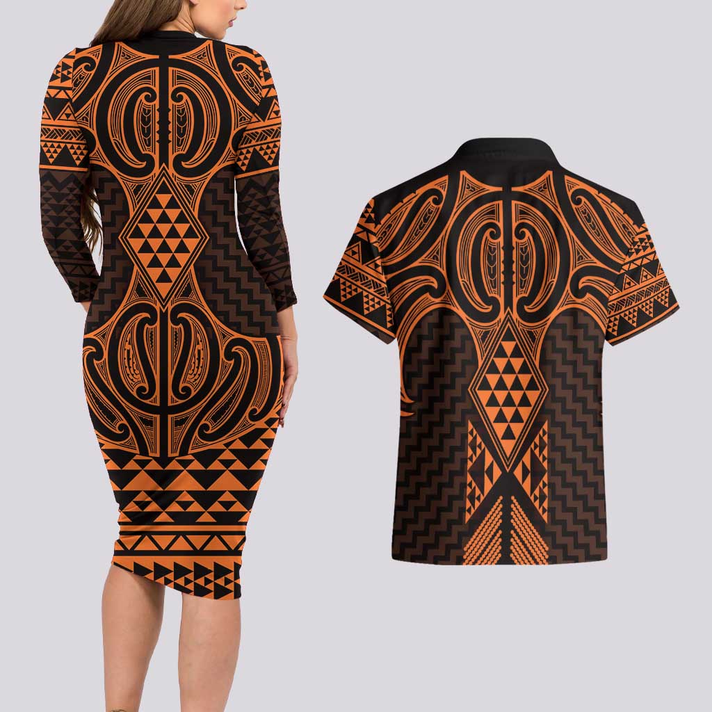 Karaka Maori Ta Moko Poutama Art Couples Matching Long Sleeve Bodycon Dress and Hawaiian Shirt