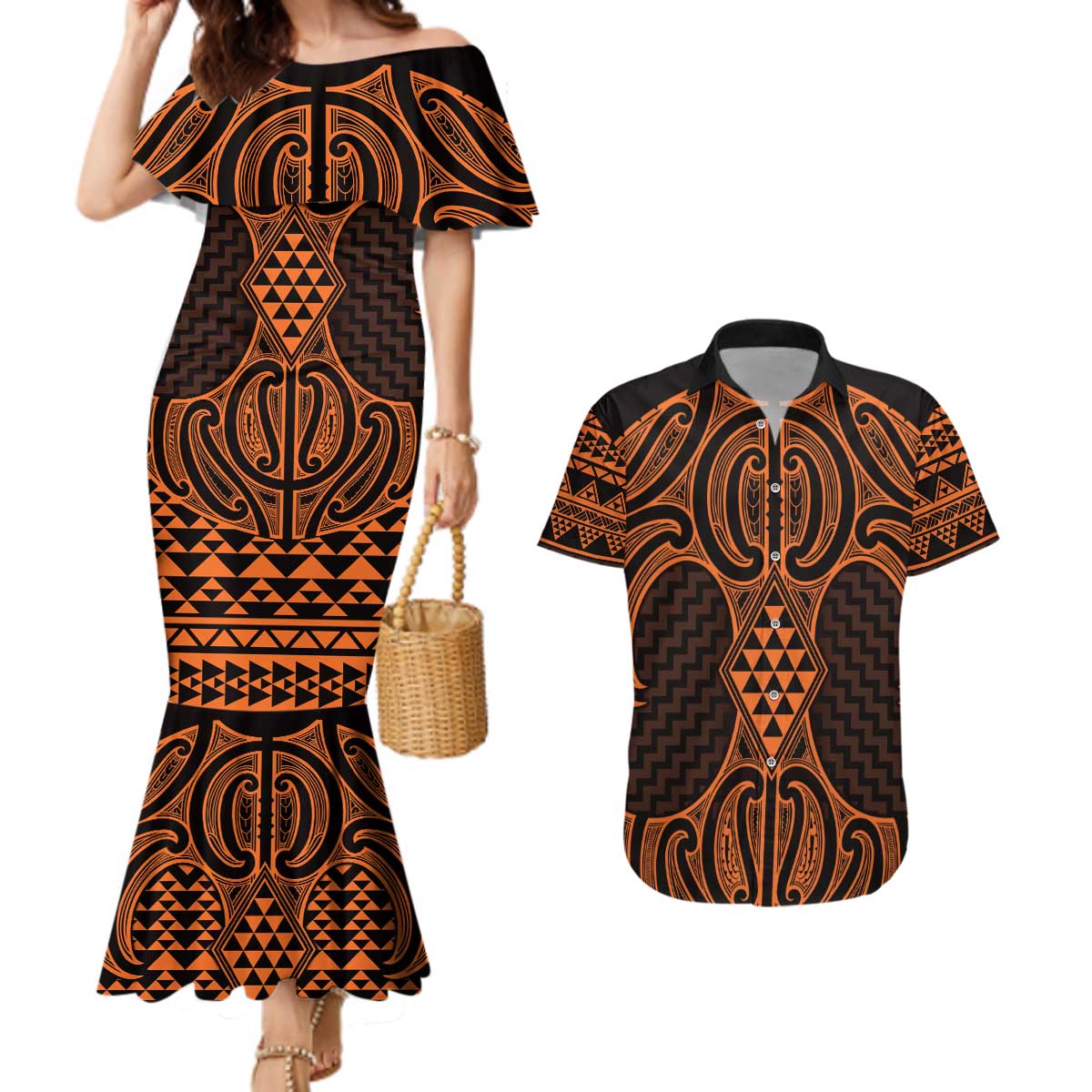Karaka Maori Ta Moko Poutama Art Couples Matching Mermaid Dress and Hawaiian Shirt