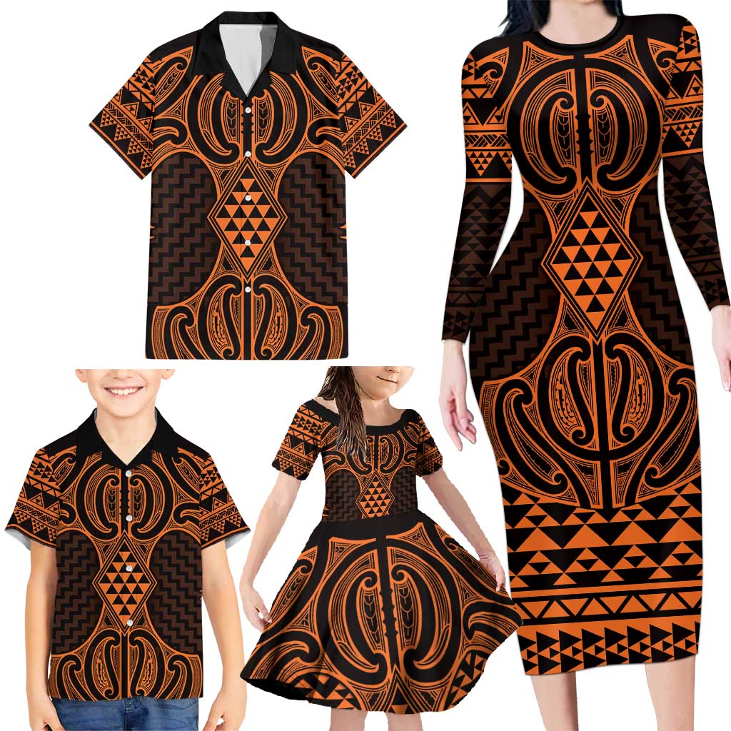 Karaka Maori Ta Moko Poutama Art Family Matching Long Sleeve Bodycon Dress and Hawaiian Shirt LT9 - Polynesian Pride