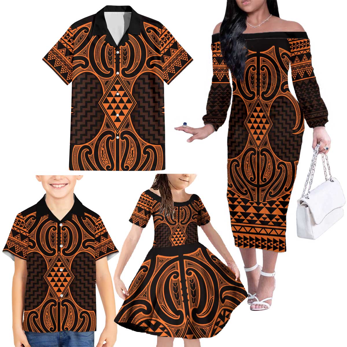 Karaka Maori Ta Moko Poutama Art Family Matching Off The Shoulder Long Sleeve Dress and Hawaiian Shirt LT9 - Polynesian Pride