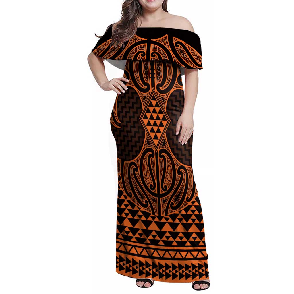 Karaka Maori Ta Moko Poutama Art Family Matching Off Shoulder Maxi Dress and Hawaiian Shirt LT9 Mom's Dress Gold - Polynesian Pride