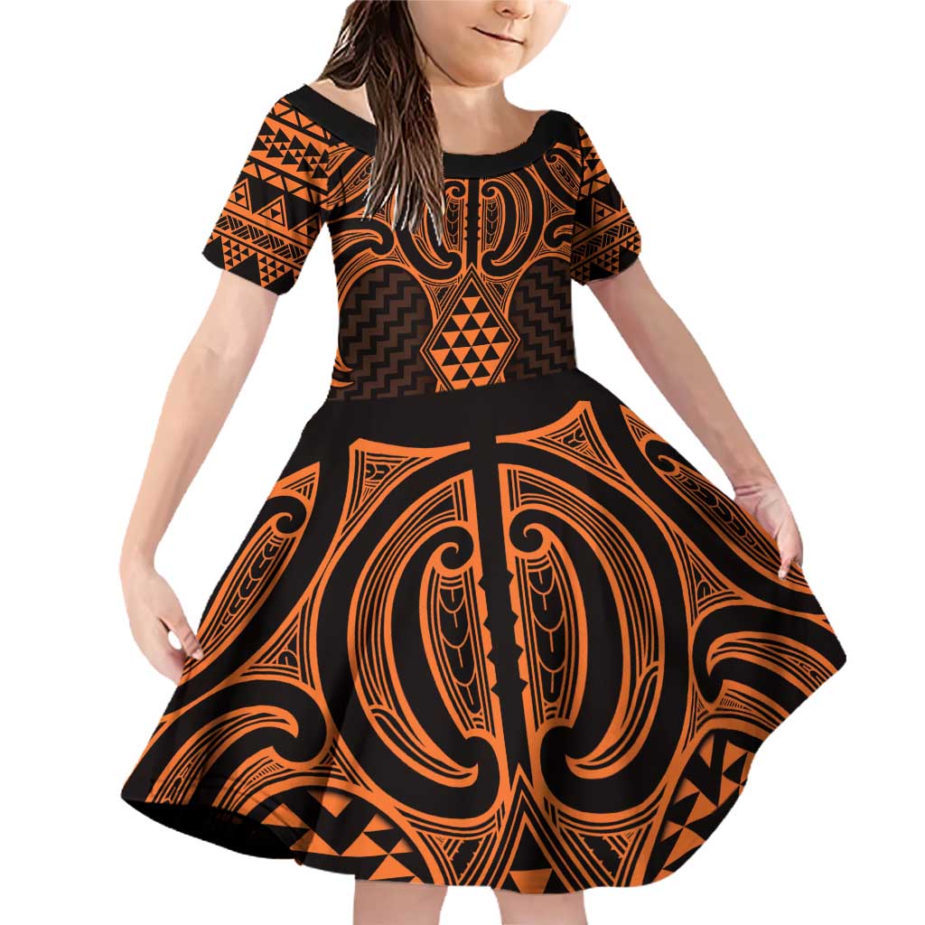 Karaka Maori Ta Moko Poutama Art Family Matching Off Shoulder Short Dress and Hawaiian Shirt LT9 Daughter's Dress Gold - Polynesian Pride