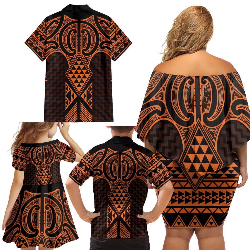 Karaka Maori Ta Moko Poutama Art Family Matching Off Shoulder Short Dress and Hawaiian Shirt LT9 - Polynesian Pride