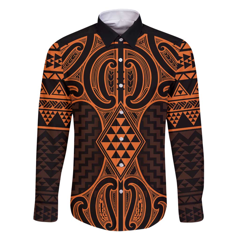 Karaka Maori Ta Moko Poutama Art Family Matching Off Shoulder Short Dress and Hawaiian Shirt LT9 Dad's Shirt - Long Sleeve Gold - Polynesian Pride