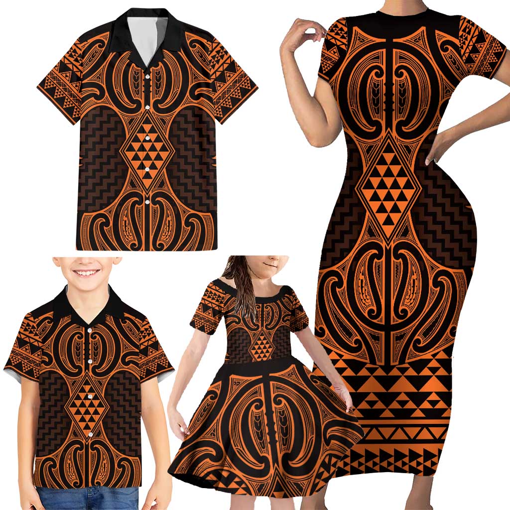 Karaka Maori Ta Moko Poutama Art Family Matching Short Sleeve Bodycon Dress and Hawaiian Shirt LT9 - Polynesian Pride