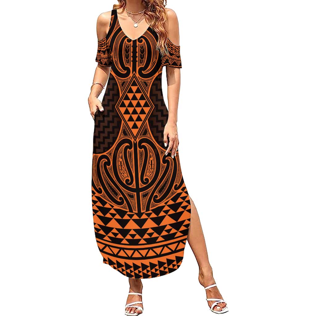 Karaka Maori Ta Moko Poutama Art Family Matching Summer Maxi Dress and Hawaiian Shirt LT9 Mom's Dress Gold - Polynesian Pride