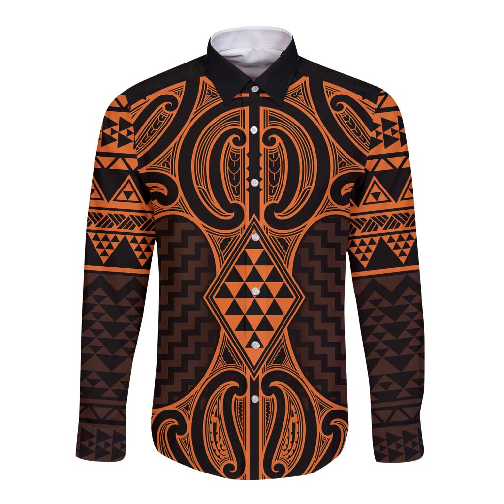 Karaka Maori Ta Moko Poutama Art Long Sleeve Button Shirt LT9 Unisex Gold - Polynesian Pride