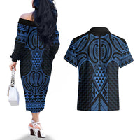Kikorangi Maori Ta Moko Poutama Art Couples Matching Off The Shoulder Long Sleeve Dress and Hawaiian Shirt LT9 - Polynesian Pride