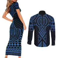 Kikorangi Maori Ta Moko Poutama Art Couples Matching Short Sleeve Bodycon Dress and Long Sleeve Button Shirt