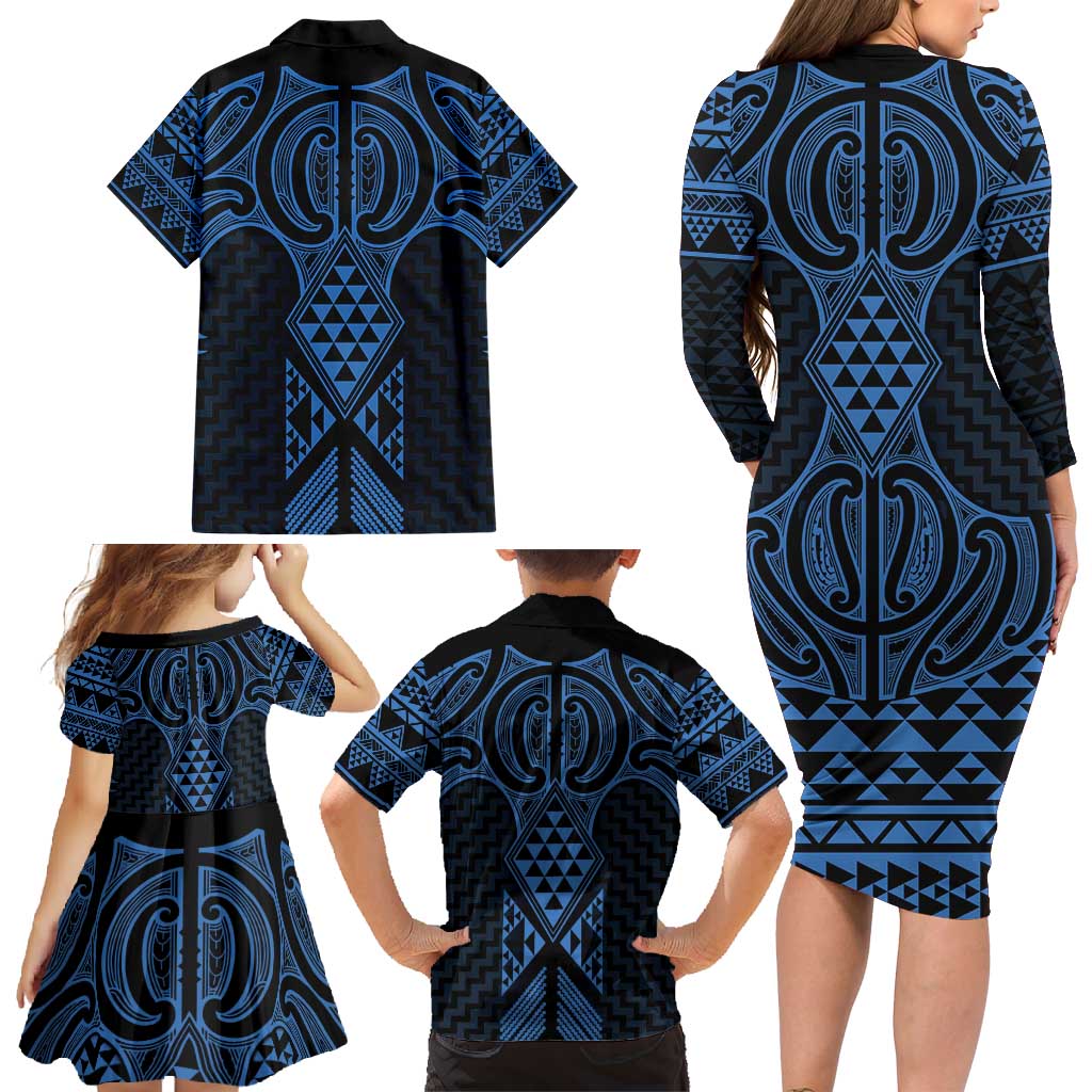 Kikorangi Maori Ta Moko Poutama Art Family Matching Long Sleeve Bodycon Dress and Hawaiian Shirt LT9 - Polynesian Pride