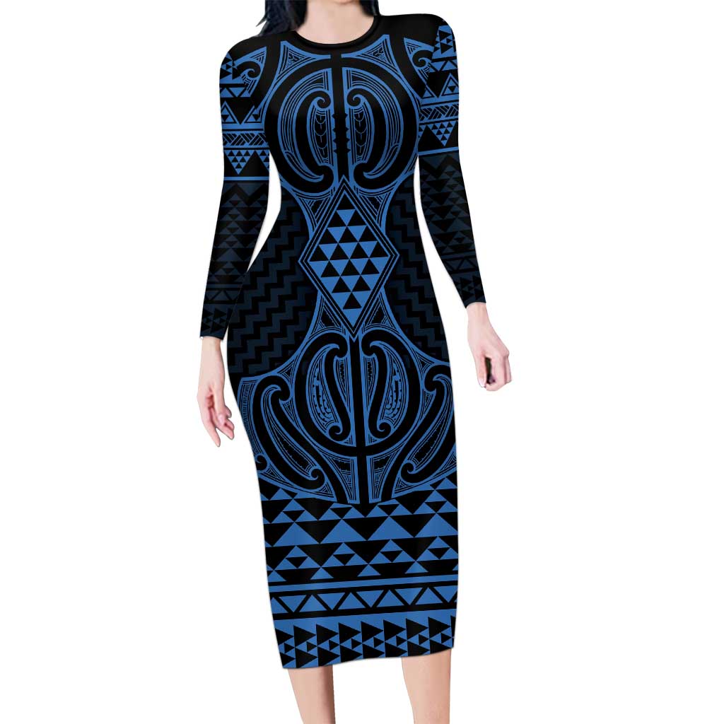 Kikorangi Maori Ta Moko Poutama Art Family Matching Long Sleeve Bodycon Dress and Hawaiian Shirt LT9 Mom's Dress Blue - Polynesian Pride