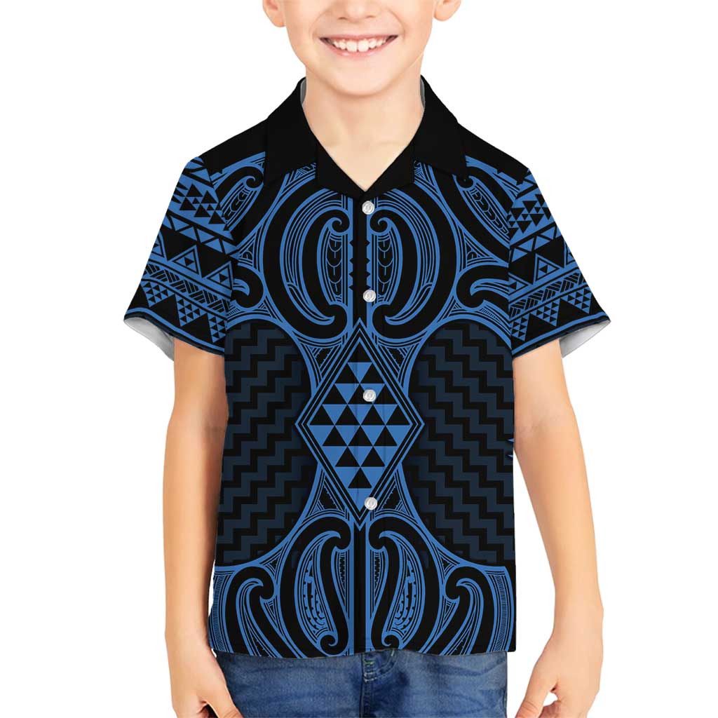 Kikorangi Maori Ta Moko Poutama Art Family Matching Long Sleeve Bodycon Dress and Hawaiian Shirt LT9 Son's Shirt Blue - Polynesian Pride