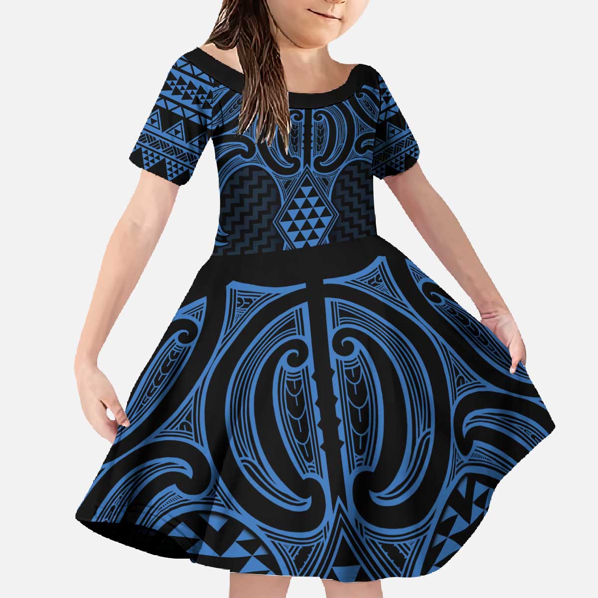 Kikorangi Maori Ta Moko Poutama Art Family Matching Off The Shoulder Long Sleeve Dress and Hawaiian Shirt LT9 Daughter's Dress Blue - Polynesian Pride