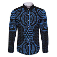 Kikorangi Maori Ta Moko Poutama Art Family Matching Off The Shoulder Long Sleeve Dress and Hawaiian Shirt LT9 Dad's Shirt - Long Sleeve Blue - Polynesian Pride