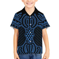 Kikorangi Maori Ta Moko Poutama Art Family Matching Off The Shoulder Long Sleeve Dress and Hawaiian Shirt LT9 Son's Shirt Blue - Polynesian Pride