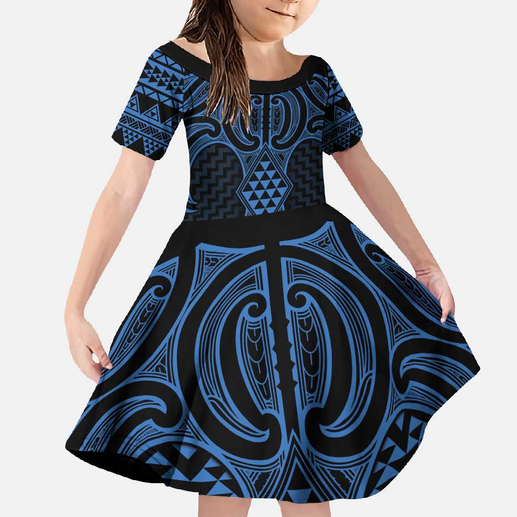Kikorangi Maori Ta Moko Poutama Art Family Matching Off Shoulder Maxi Dress and Hawaiian Shirt LT9 Daughter's Dress Blue - Polynesian Pride