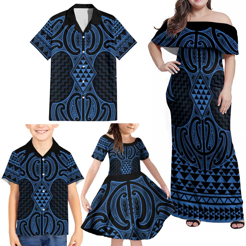 Kikorangi Maori Ta Moko Poutama Art Family Matching Off Shoulder Maxi Dress and Hawaiian Shirt LT9 - Polynesian Pride