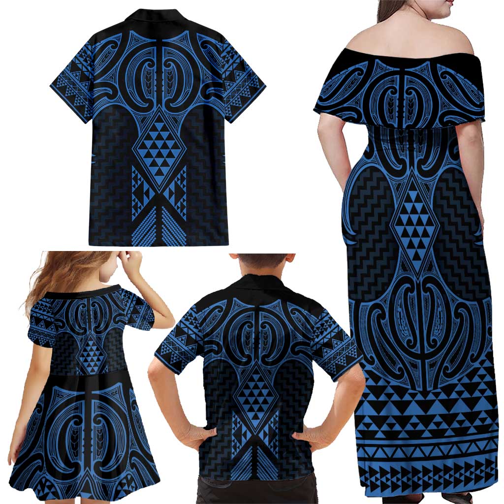 Kikorangi Maori Ta Moko Poutama Art Family Matching Off Shoulder Maxi Dress and Hawaiian Shirt LT9 - Polynesian Pride