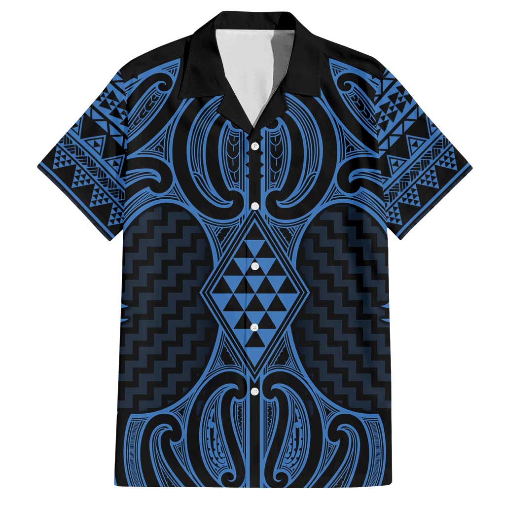 Kikorangi Maori Ta Moko Poutama Art Family Matching Off Shoulder Maxi Dress and Hawaiian Shirt LT9 Dad's Shirt - Short Sleeve Blue - Polynesian Pride