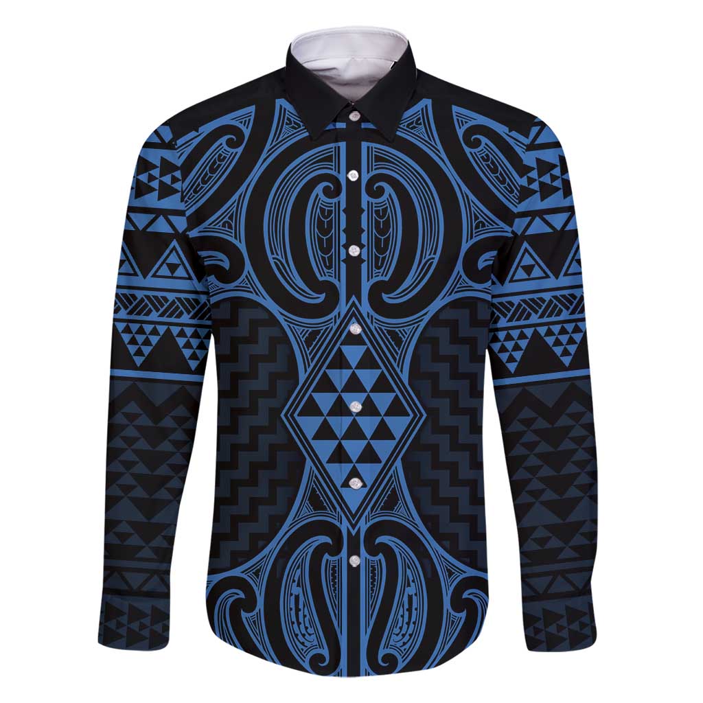 Kikorangi Maori Ta Moko Poutama Art Family Matching Off Shoulder Maxi Dress and Hawaiian Shirt LT9 Dad's Shirt - Long Sleeve Blue - Polynesian Pride