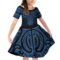 Kikorangi Maori Ta Moko Poutama Art Family Matching Off Shoulder Short Dress and Hawaiian Shirt LT9 Daughter's Dress Blue - Polynesian Pride
