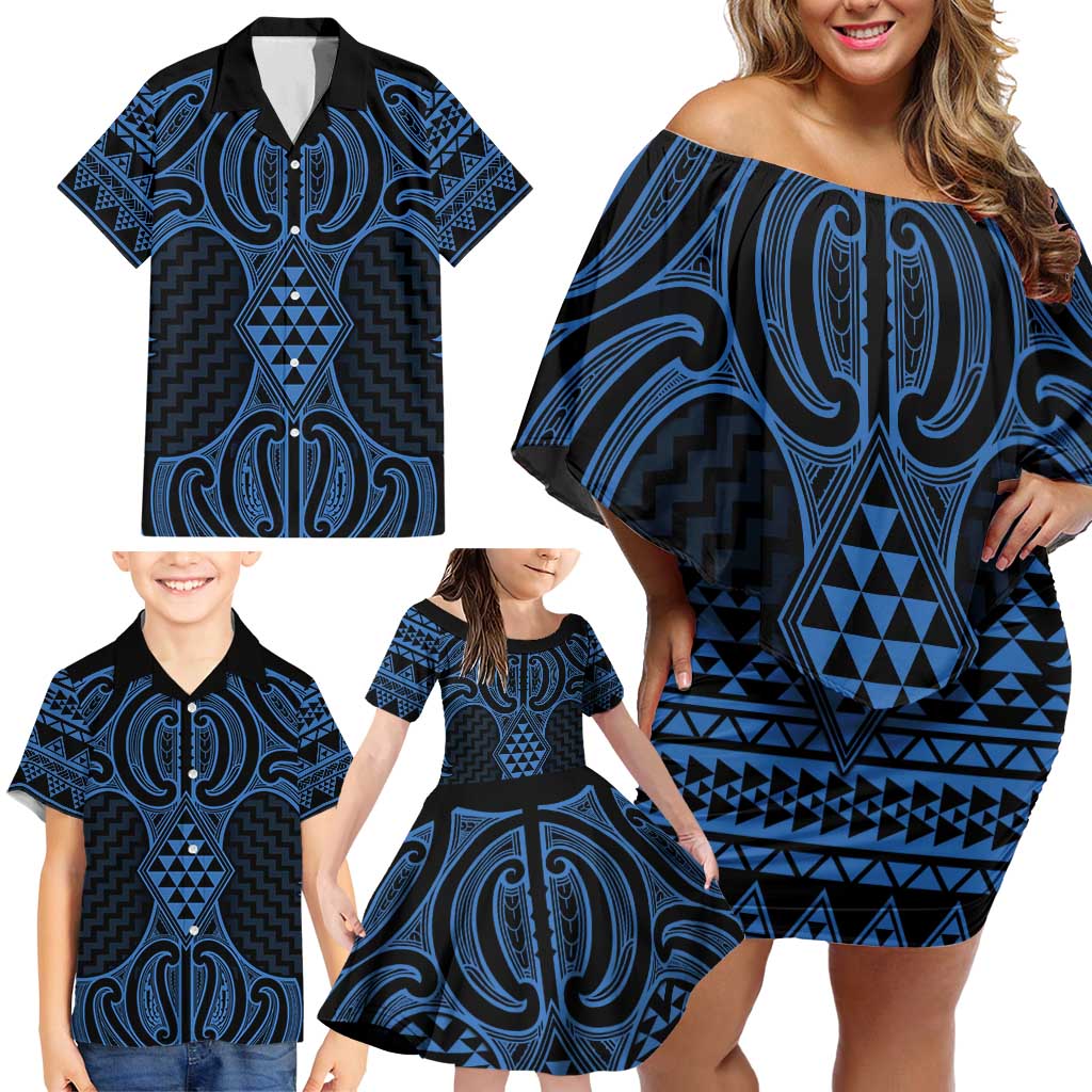 Kikorangi Maori Ta Moko Poutama Art Family Matching Off Shoulder Short Dress and Hawaiian Shirt LT9 - Polynesian Pride
