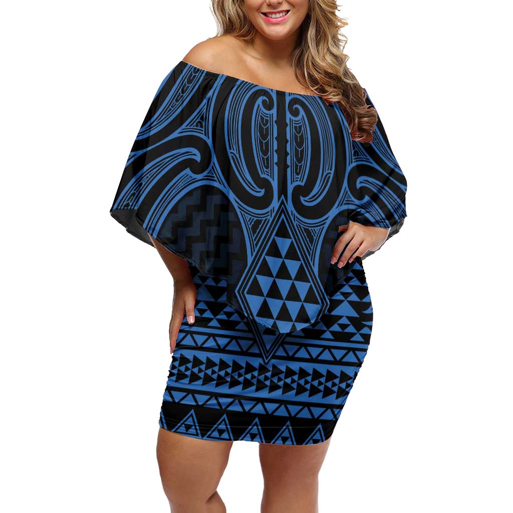 Kikorangi Maori Ta Moko Poutama Art Family Matching Off Shoulder Short Dress and Hawaiian Shirt LT9 Mom's Dress Blue - Polynesian Pride