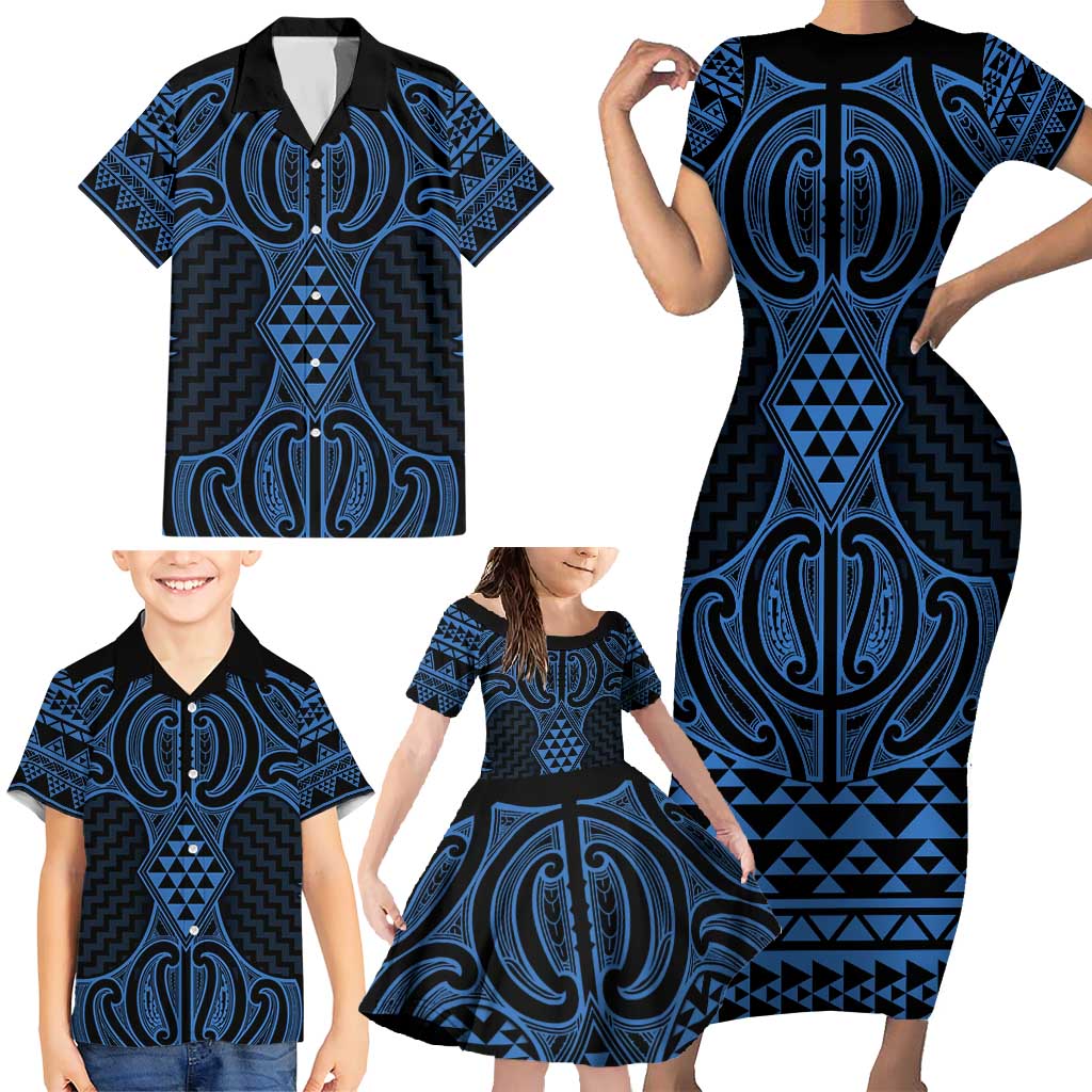 Kikorangi Maori Ta Moko Poutama Art Family Matching Short Sleeve Bodycon Dress and Hawaiian Shirt LT9 - Polynesian Pride