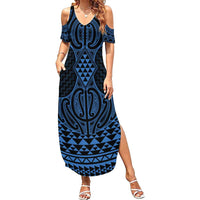 Kikorangi Maori Ta Moko Poutama Art Family Matching Summer Maxi Dress and Hawaiian Shirt LT9 Mom's Dress Blue - Polynesian Pride