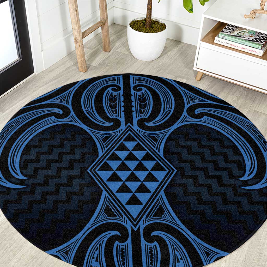 Kikorangi Maori Ta Moko Poutama Art Round Carpet LT9 Blue - Polynesian Pride
