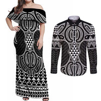 Ma Maori Ta Moko Poutama Art Couples Matching Off Shoulder Maxi Dress and Long Sleeve Button Shirt