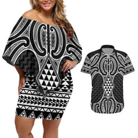 Ma Maori Ta Moko Poutama Art Couples Matching Off Shoulder Short Dress and Hawaiian Shirt