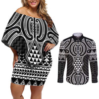 Ma Maori Ta Moko Poutama Art Couples Matching Off Shoulder Short Dress and Long Sleeve Button Shirt