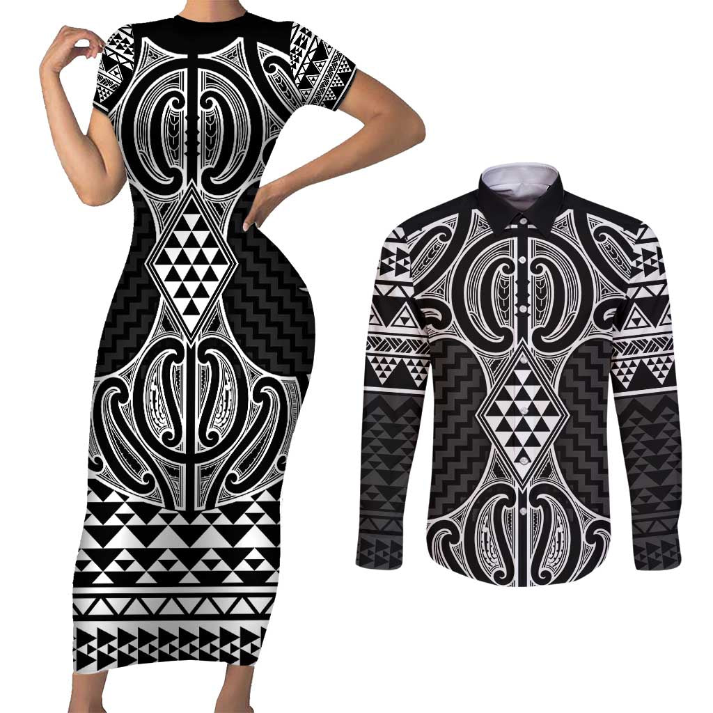Ma Maori Ta Moko Poutama Art Couples Matching Short Sleeve Bodycon Dress and Long Sleeve Button Shirt