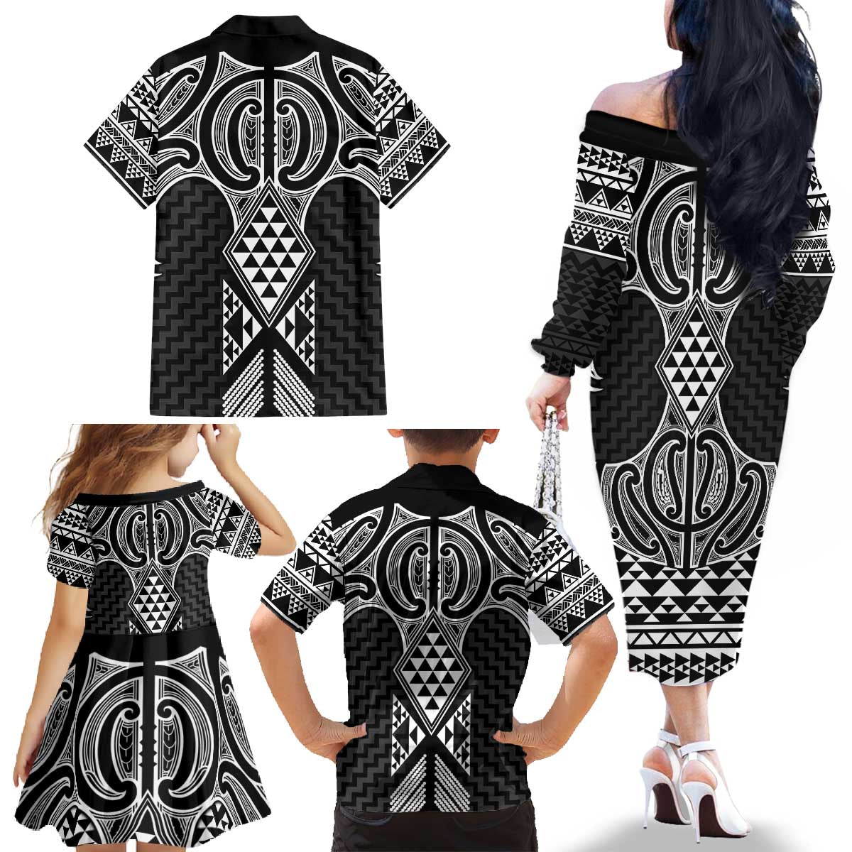 Ma Maori Ta Moko Poutama Art Family Matching Off The Shoulder Long Sleeve Dress and Hawaiian Shirt LT9 - Polynesian Pride