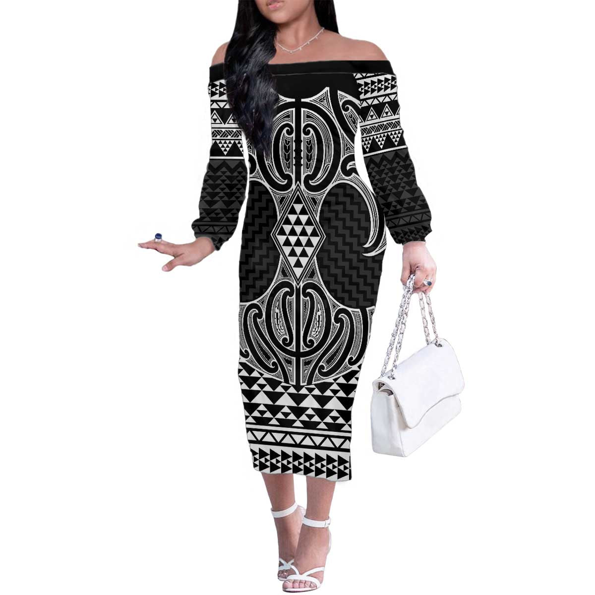 Ma Maori Ta Moko Poutama Art Family Matching Off The Shoulder Long Sleeve Dress and Hawaiian Shirt LT9 Mom's Dress White - Polynesian Pride