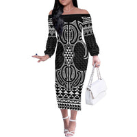 Ma Maori Ta Moko Poutama Art Family Matching Off The Shoulder Long Sleeve Dress and Hawaiian Shirt LT9 Mom's Dress White - Polynesian Pride