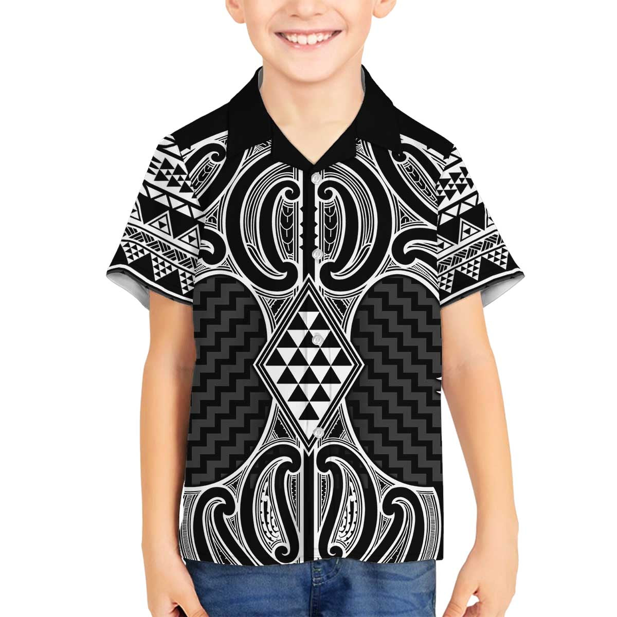 Ma Maori Ta Moko Poutama Art Family Matching Off The Shoulder Long Sleeve Dress and Hawaiian Shirt LT9 Son's Shirt White - Polynesian Pride