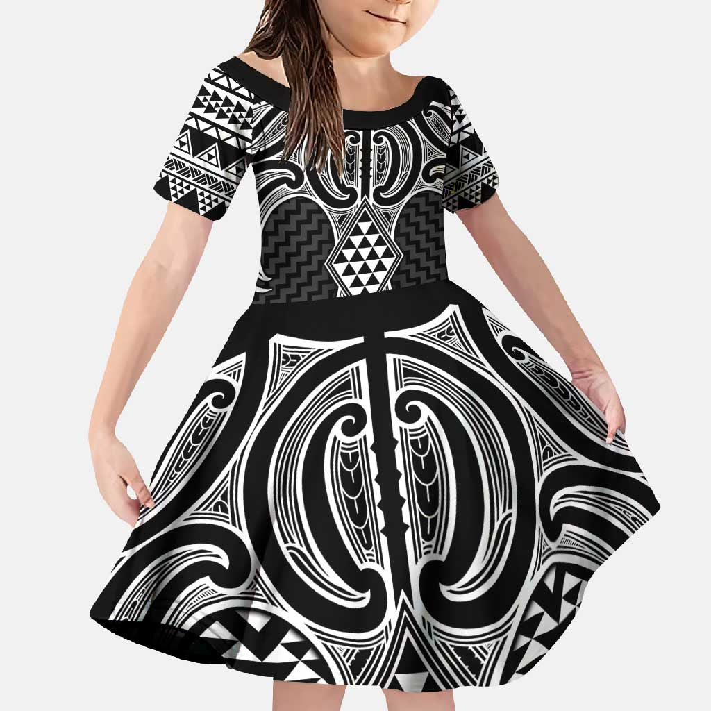 Ma Maori Ta Moko Poutama Art Family Matching Off Shoulder Maxi Dress and Hawaiian Shirt LT9 Daughter's Dress White - Polynesian Pride