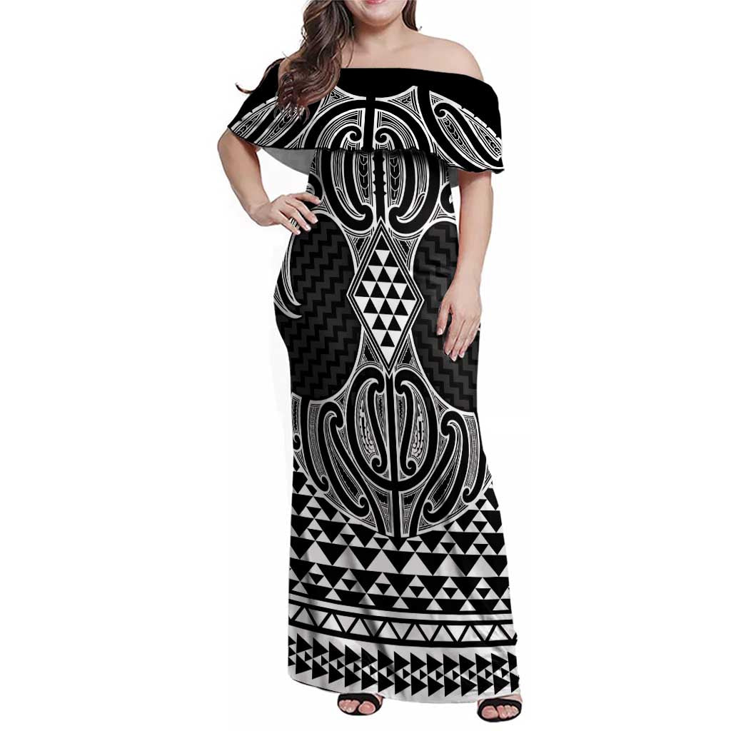Ma Maori Ta Moko Poutama Art Family Matching Off Shoulder Maxi Dress and Hawaiian Shirt LT9 Mom's Dress White - Polynesian Pride