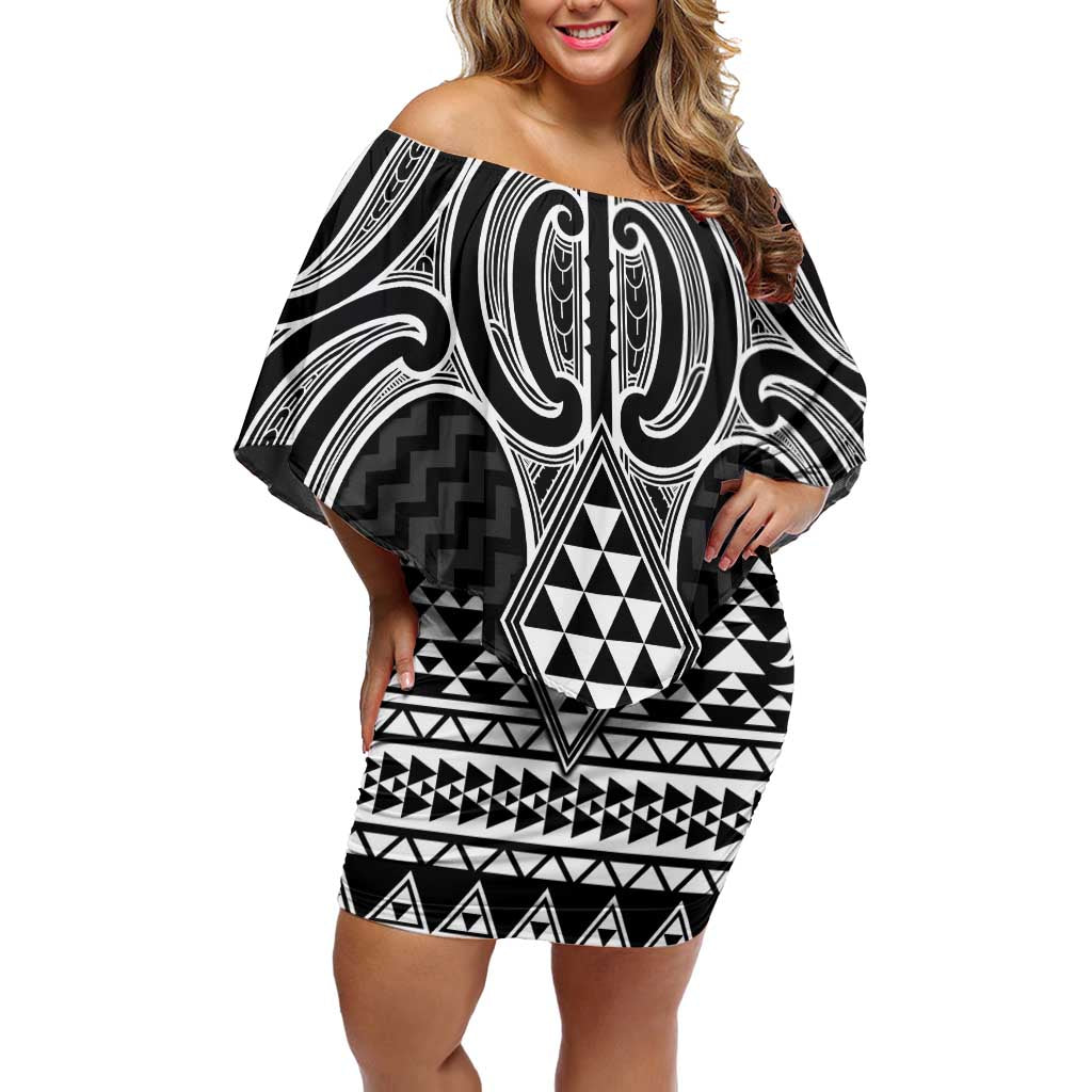 Ma Maori Ta Moko Poutama Art Family Matching Off Shoulder Short Dress and Hawaiian Shirt LT9 Mom's Dress White - Polynesian Pride