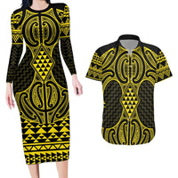 Mahi-dawg Maori Ta Moko Poutama Art Couples Matching Long Sleeve Bodycon Dress and Hawaiian Shirt