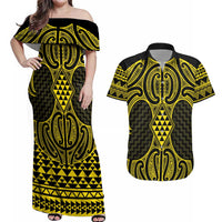 Mahi-dawg Maori Ta Moko Poutama Art Couples Matching Off Shoulder Maxi Dress and Hawaiian Shirt
