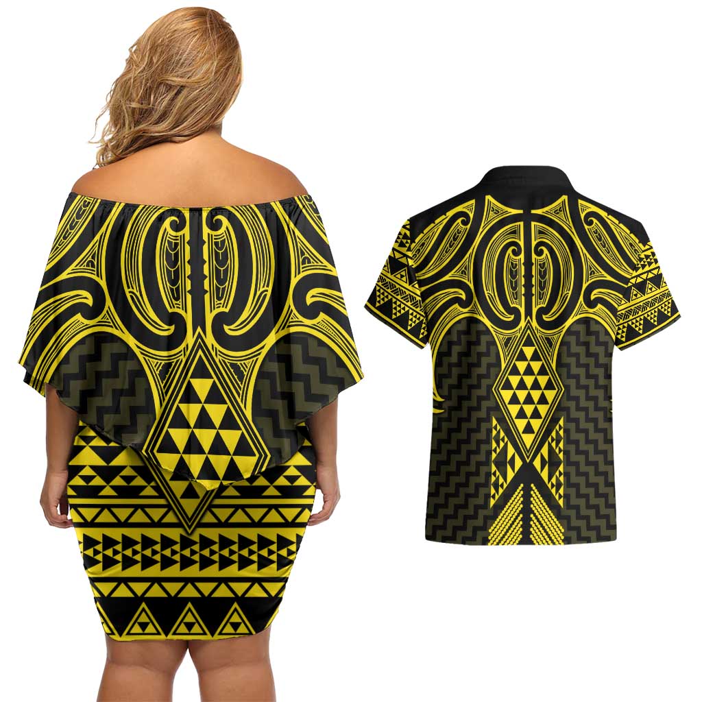 Mahi-dawg Maori Ta Moko Poutama Art Couples Matching Off Shoulder Short Dress and Hawaiian Shirt