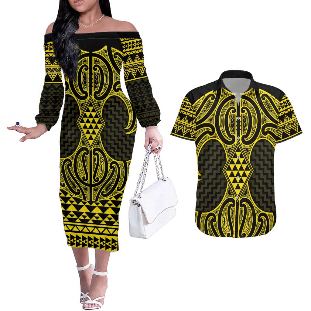 Mahi-dawg Maori Ta Moko Poutama Art Couples Matching Off The Shoulder Long Sleeve Dress and Hawaiian Shirt LT9 Yellow - Polynesian Pride