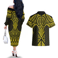 Mahi-dawg Maori Ta Moko Poutama Art Couples Matching Off The Shoulder Long Sleeve Dress and Hawaiian Shirt LT9 - Polynesian Pride