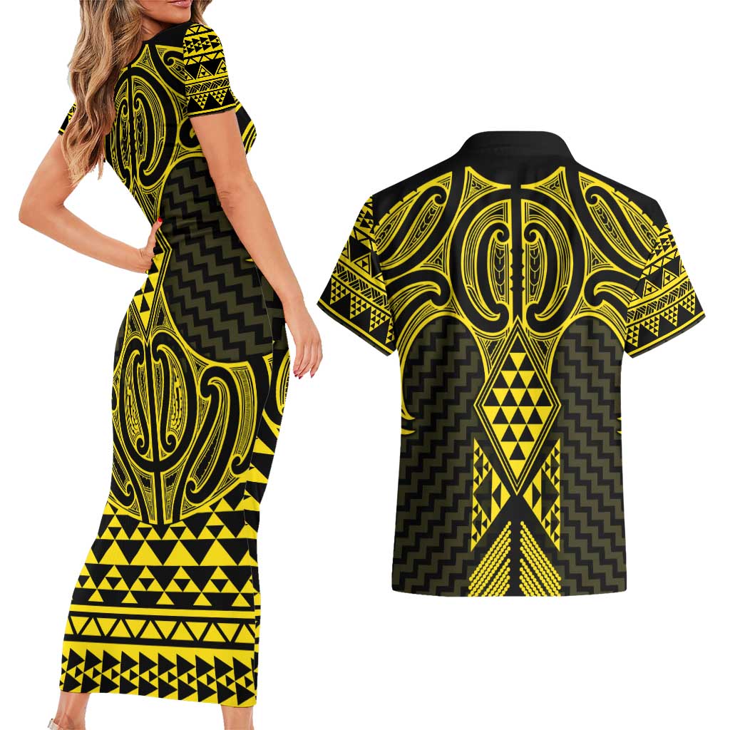Mahi-dawg Maori Ta Moko Poutama Art Couples Matching Short Sleeve Bodycon Dress and Hawaiian Shirt LT9 - Polynesian Pride