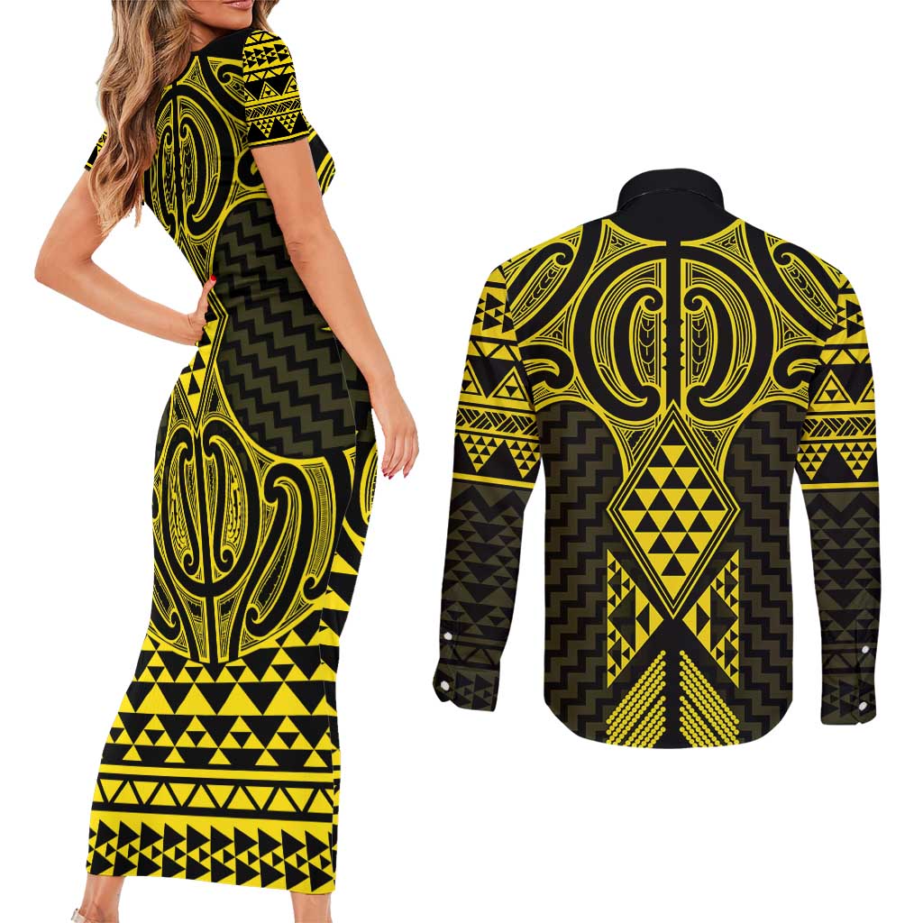 Mahi-dawg Maori Ta Moko Poutama Art Couples Matching Short Sleeve Bodycon Dress and Long Sleeve Button Shirt
