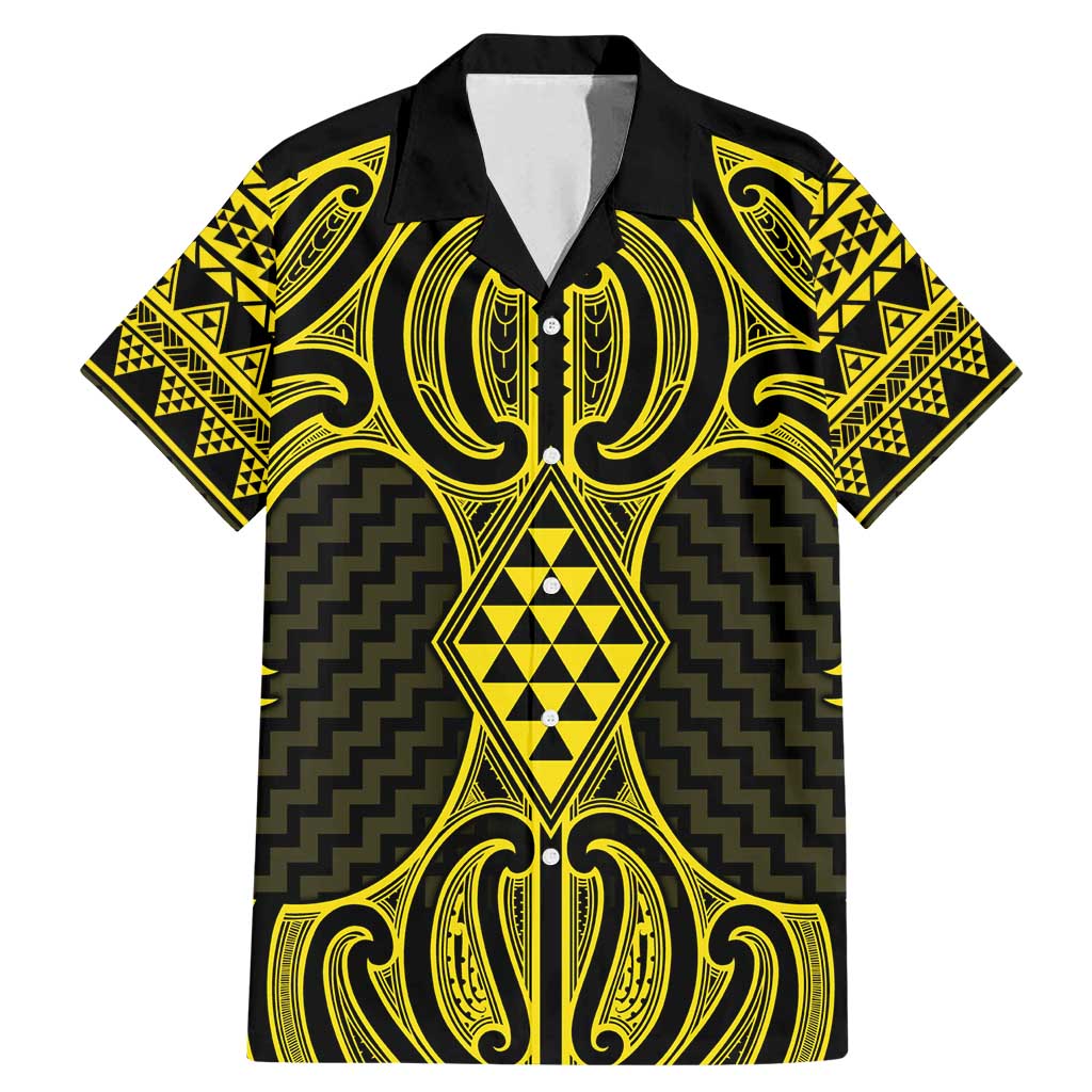 Mahi-dawg Maori Ta Moko Poutama Art Family Matching Mermaid Dress and Hawaiian Shirt LT9 Dad's Shirt - Short Sleeve Yellow - Polynesian Pride