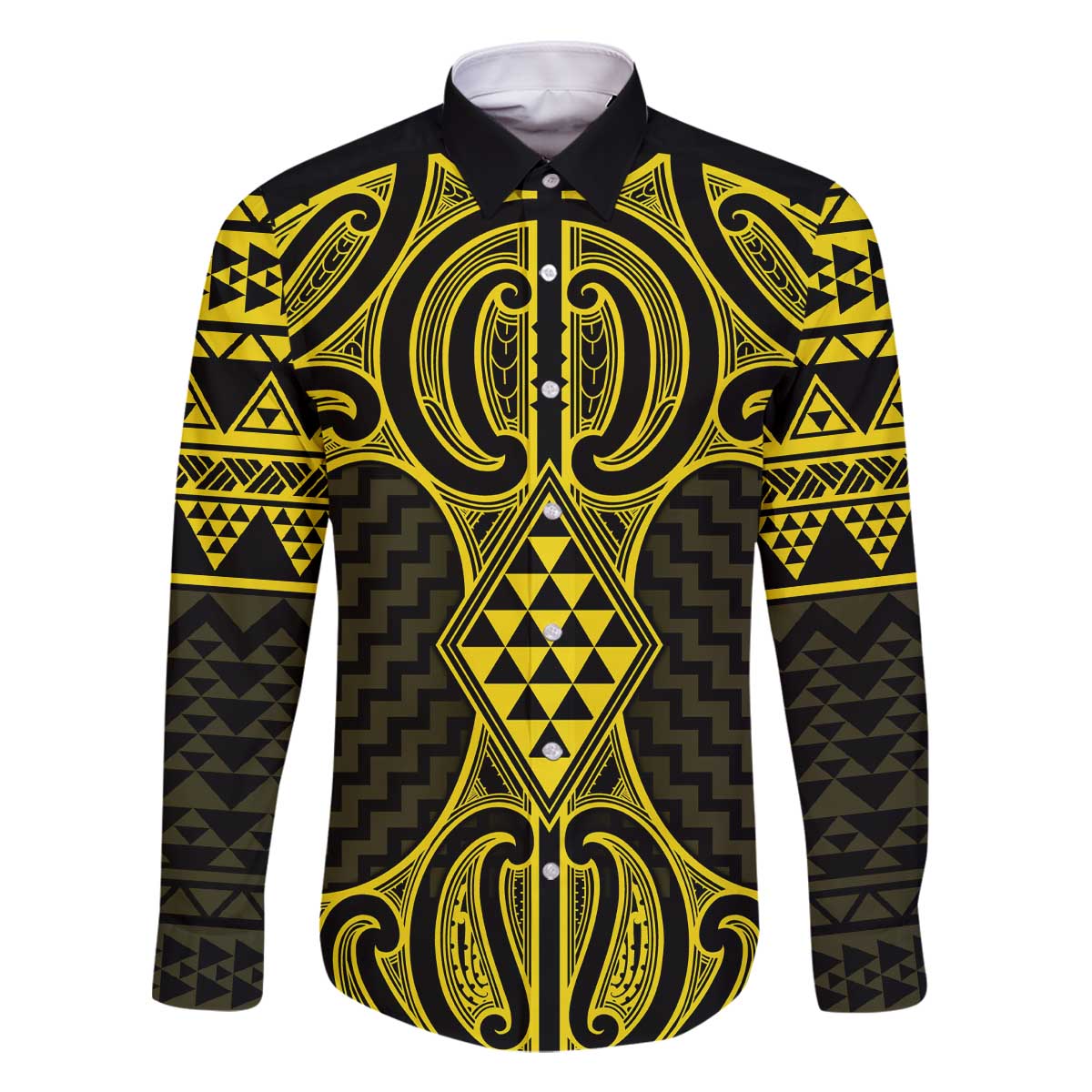 Mahi-dawg Maori Ta Moko Poutama Art Family Matching Off The Shoulder Long Sleeve Dress and Hawaiian Shirt LT9 Dad's Shirt - Long Sleeve Yellow - Polynesian Pride